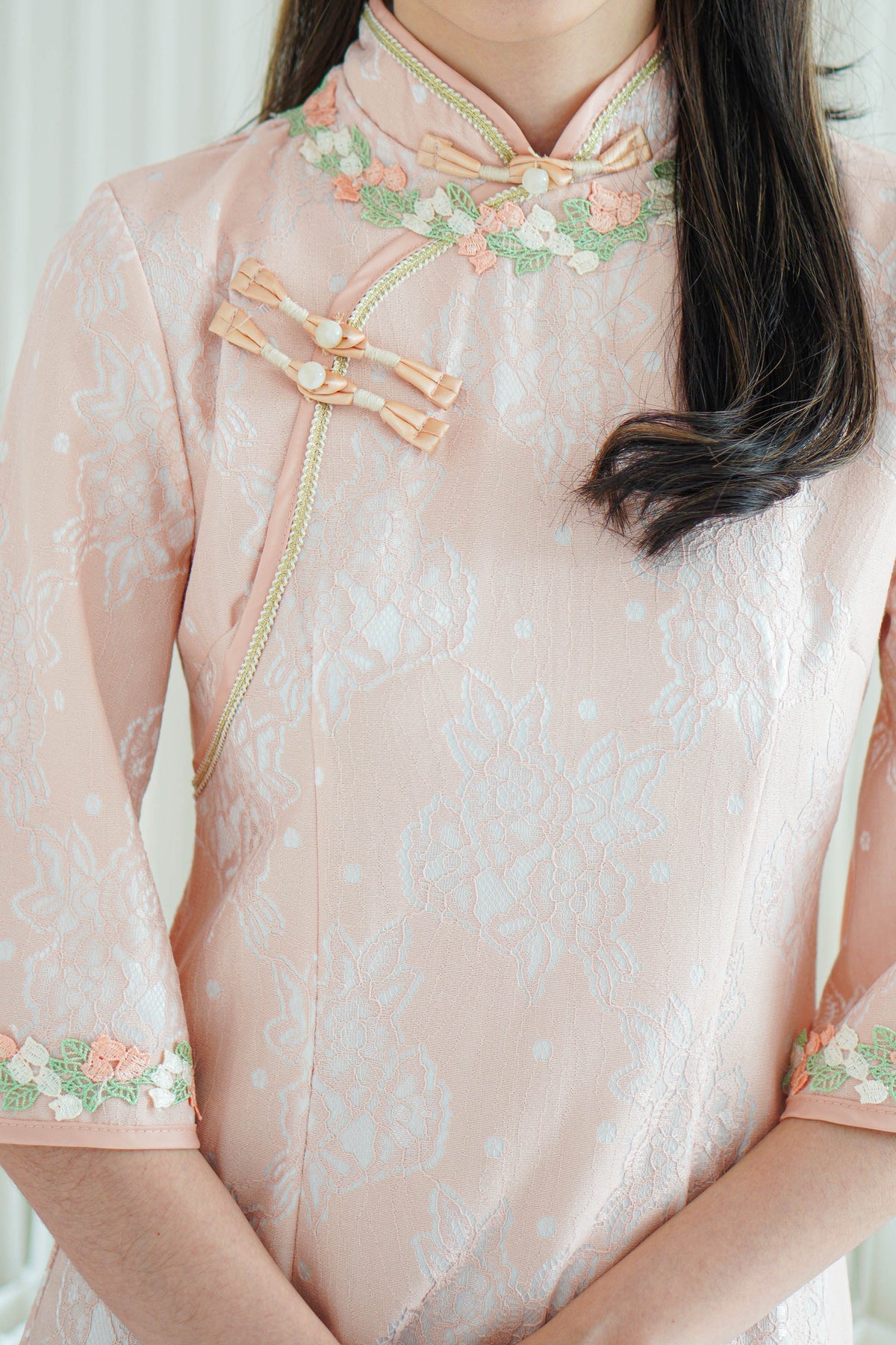 Wen Yi Mid Sleeves Floral Maxi Cheongsam in Pink