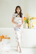 Hui Yan Short Sleeves Floral Maxi Cheongsam with Black Knot in Cream Grey