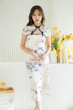 Hui Yan Short Sleeves Floral Maxi Cheongsam with Black Knot in Cream Grey