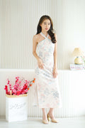 Xue Xi Halter Neck Pearls Maxi Cheongsam in Cream and Pink