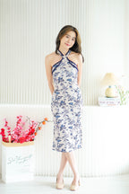 Wei Qing Halter Neck Pearls Maxi Cheongsam in Blue and Cream Grey
