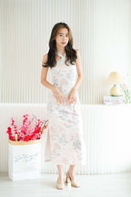 Xue Xi Halter Neck Pearls Maxi Cheongsam in Cream and Pink
