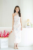 Xue Xi Halter Neck Pearls Maxi Cheongsam in Cream and Pink