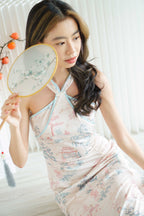Xue Xi Halter Neck Pearls Maxi Cheongsam in Cream and Pink