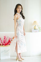 Xue Xi Halter Neck Pearls Maxi Cheongsam in Cream and Pink