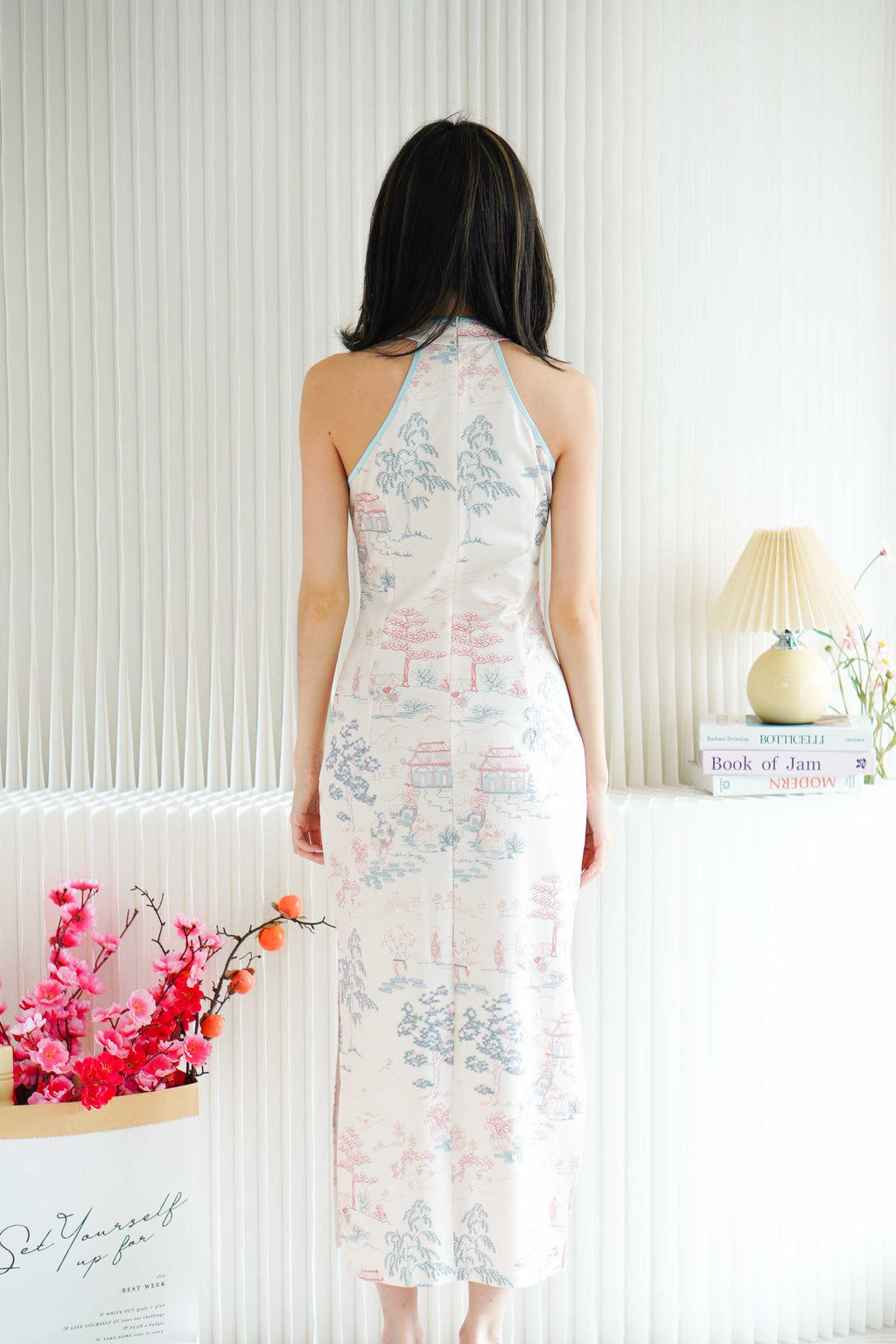 Xue Xi Halter Neck Pearls Maxi Cheongsam in Cream and Pink
