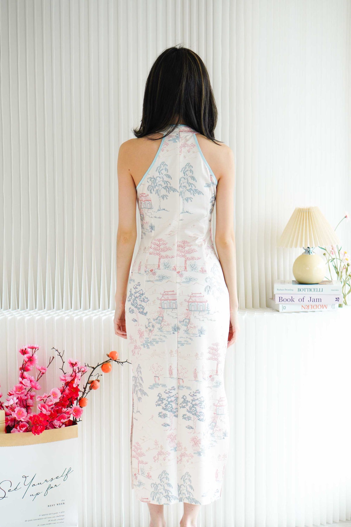 Xue Xi Halter Neck Pearls Maxi Cheongsam in Cream and Pink