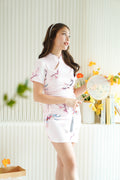 Yao Xin Short Sleeves Floral Short Ruched Cheongsam in Light Pink
