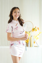 Yao Xin Short Sleeves Floral Short Ruched Cheongsam in Light Pink