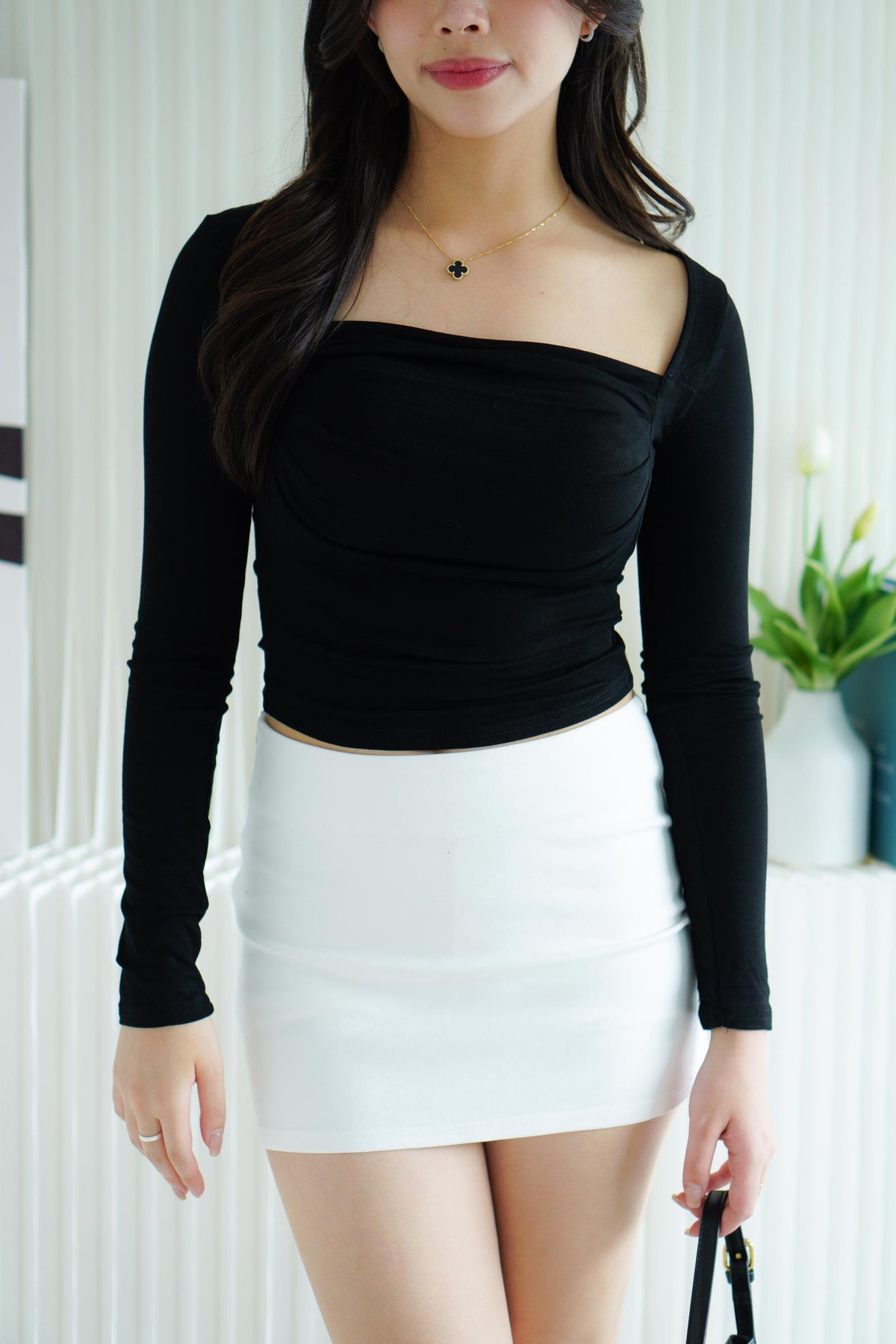 Brinley Padded Ruched Bust Long Sleeve Top in Black