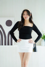 Brinley Padded Ruched Bust Long Sleeve Top in Black
