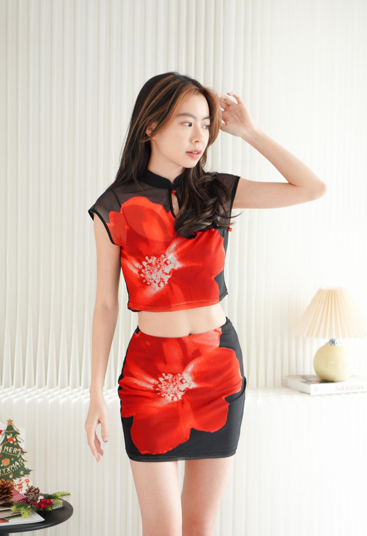 Midnight Petal Floral Printed Mesh 2 Piece Skirt Set