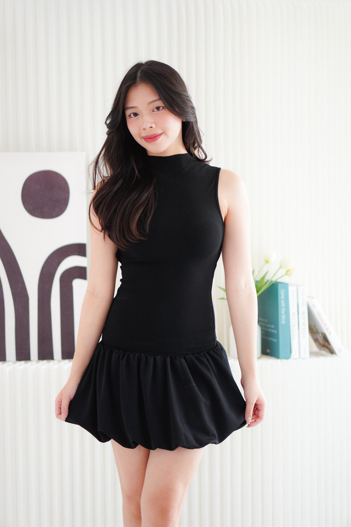 Lila Vogue High Neck Drop Waist Bubble Dress in Black