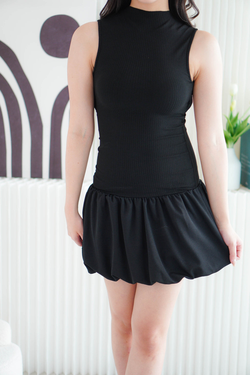 Lila Vogue High Neck Drop Waist Bubble Dress in Black