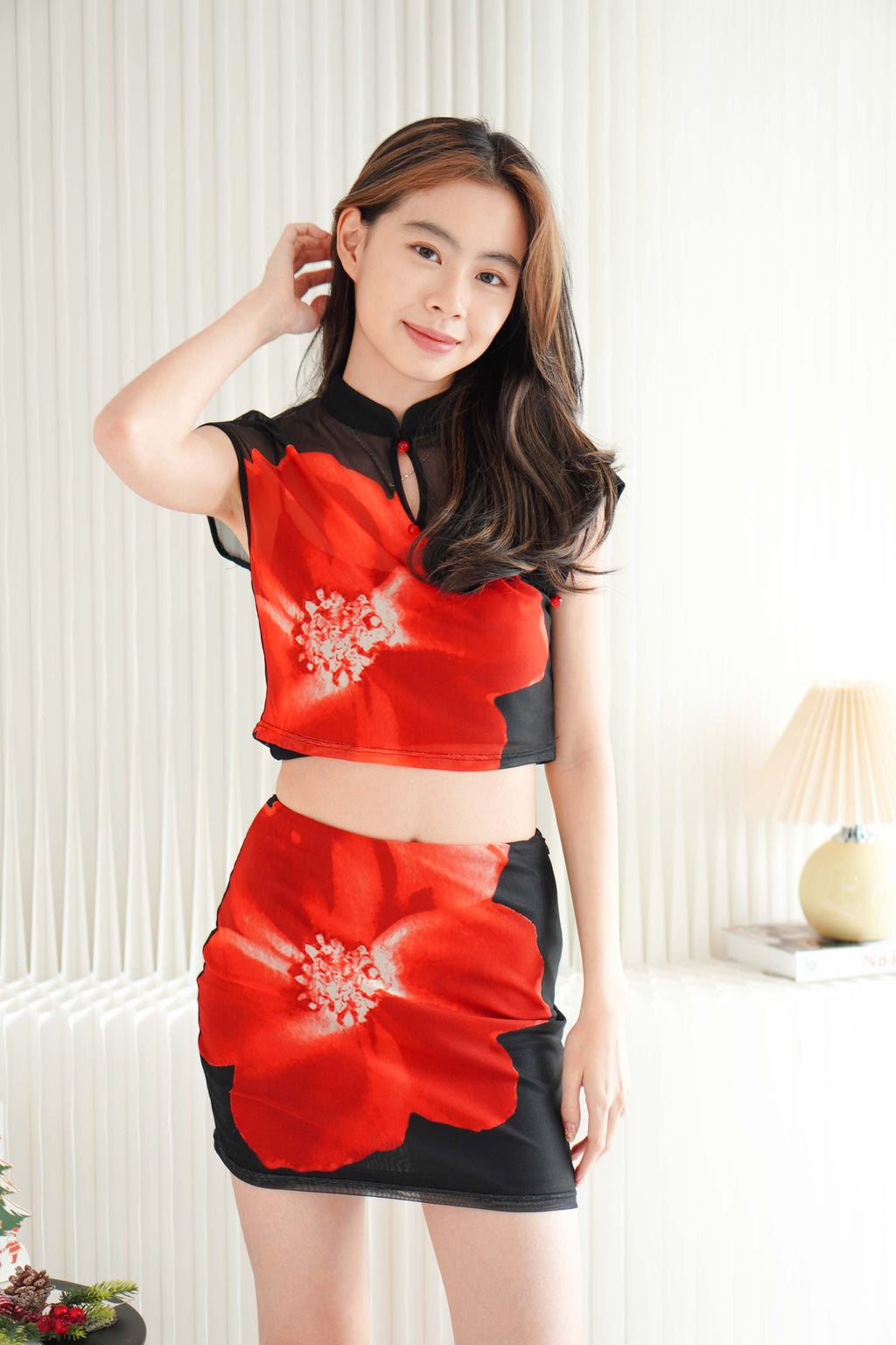 Midnight Petal Floral Printed Mesh 2 Piece Skirt Set