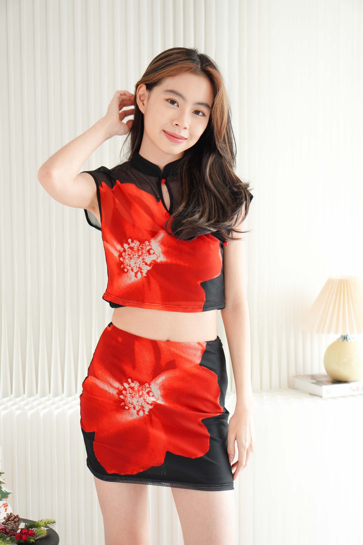 Midnight Petal Floral Printed Mesh 2 Piece Skirt Set