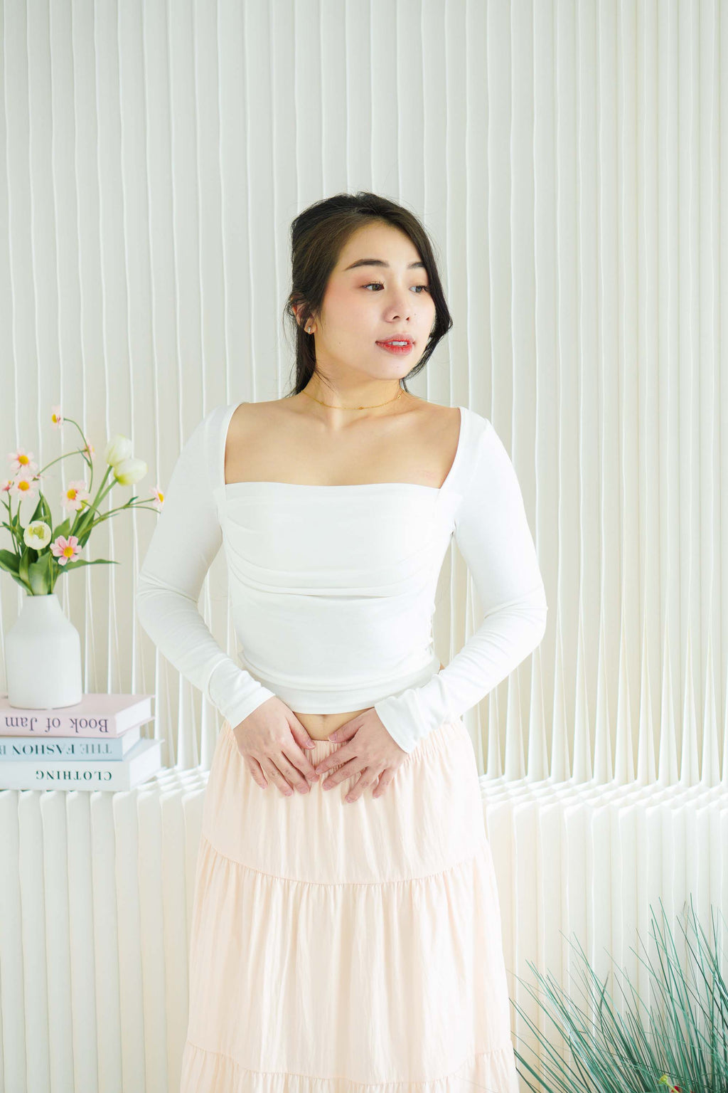 Brinley Padded Ruched Bust Long Sleeve Top in White