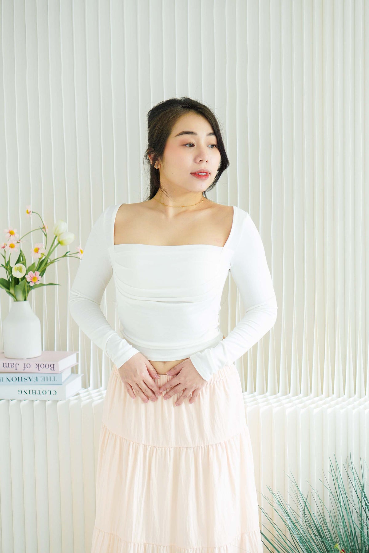 Brinley Padded Ruched Bust Long Sleeve Top in White