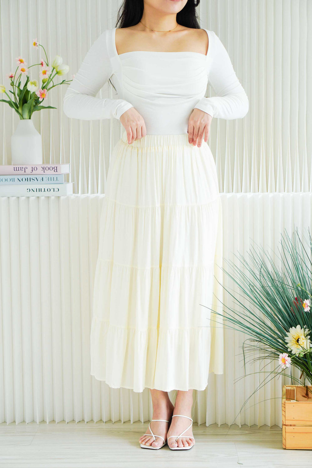 Brinley Padded Ruched Bust Long Sleeve Top in White