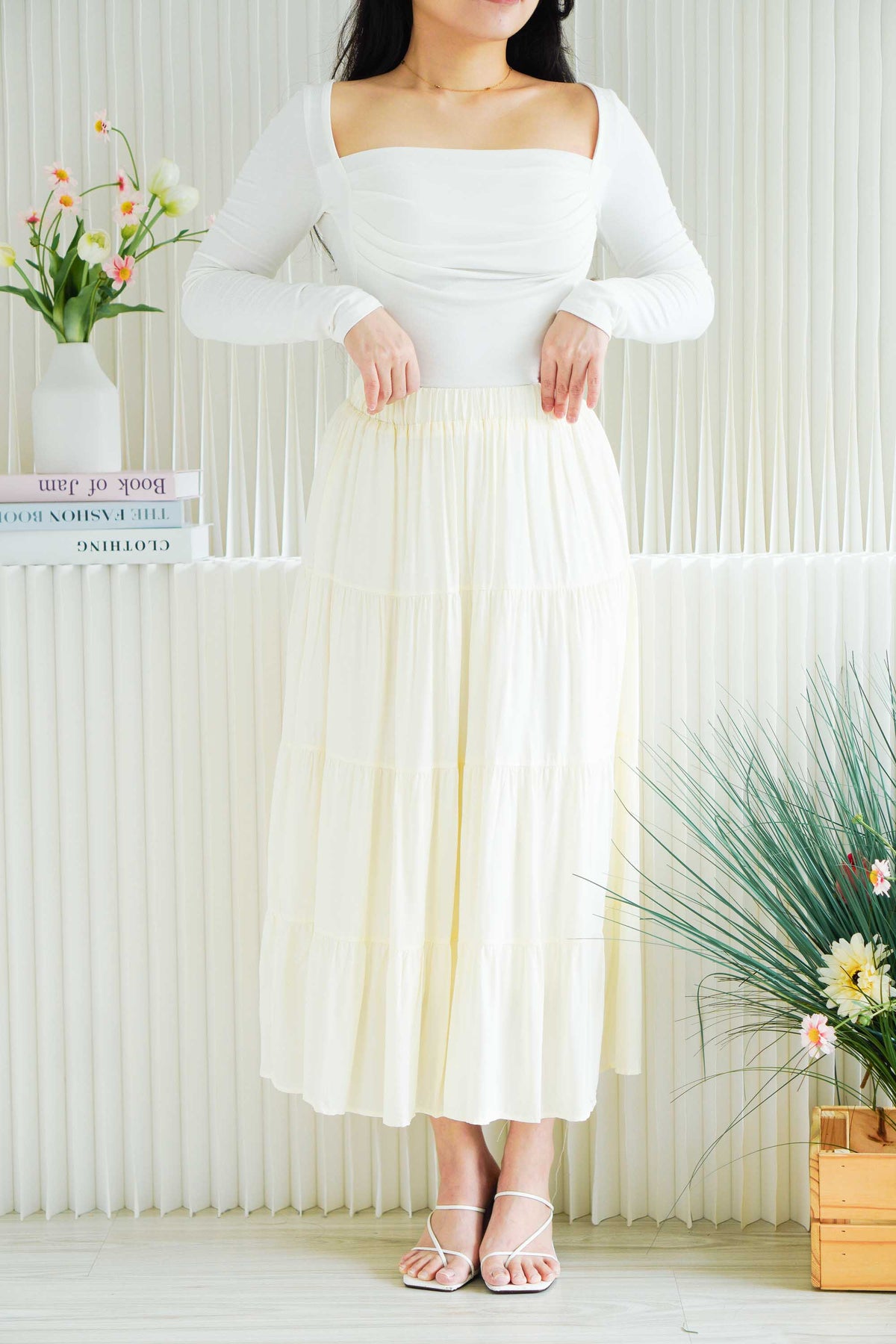 Brinley Padded Ruched Bust Long Sleeve Top in White