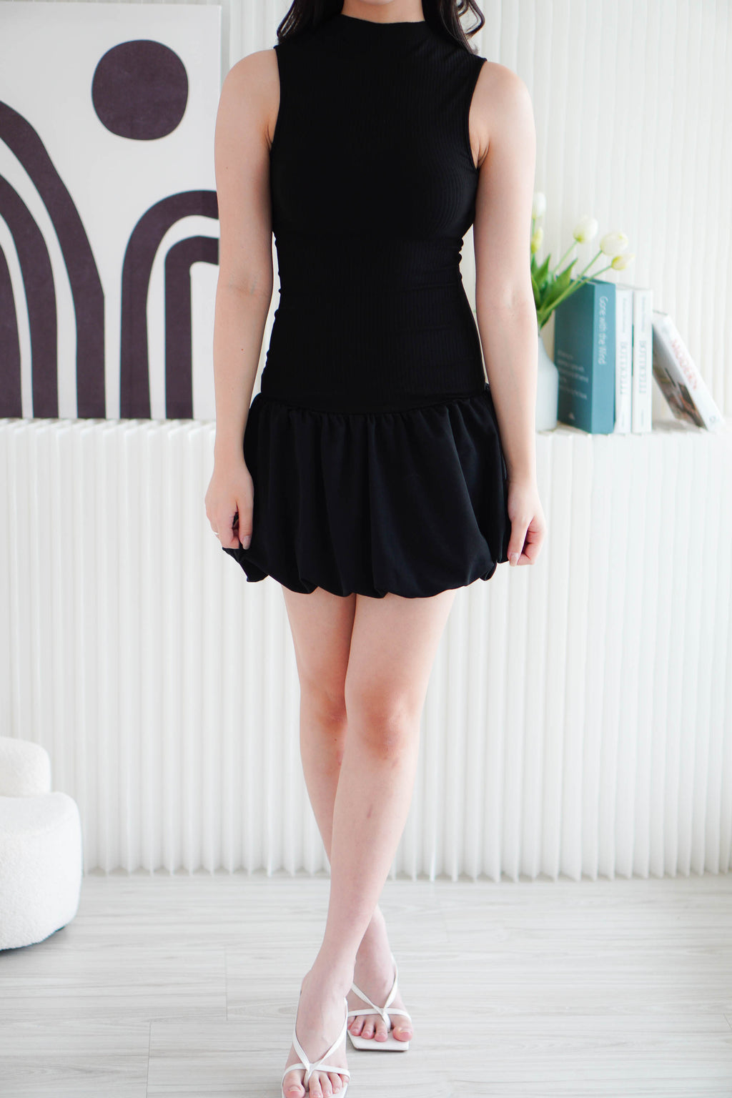 Lila Vogue High Neck Drop Waist Bubble Dress in Black