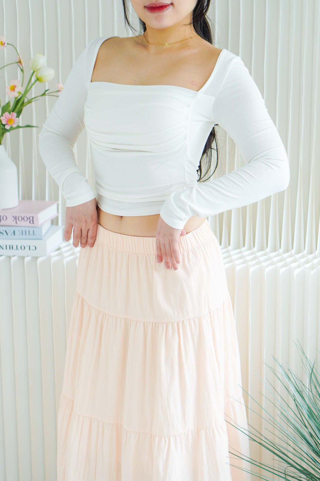 Brinley Padded Ruched Bust Long Sleeve Top in White