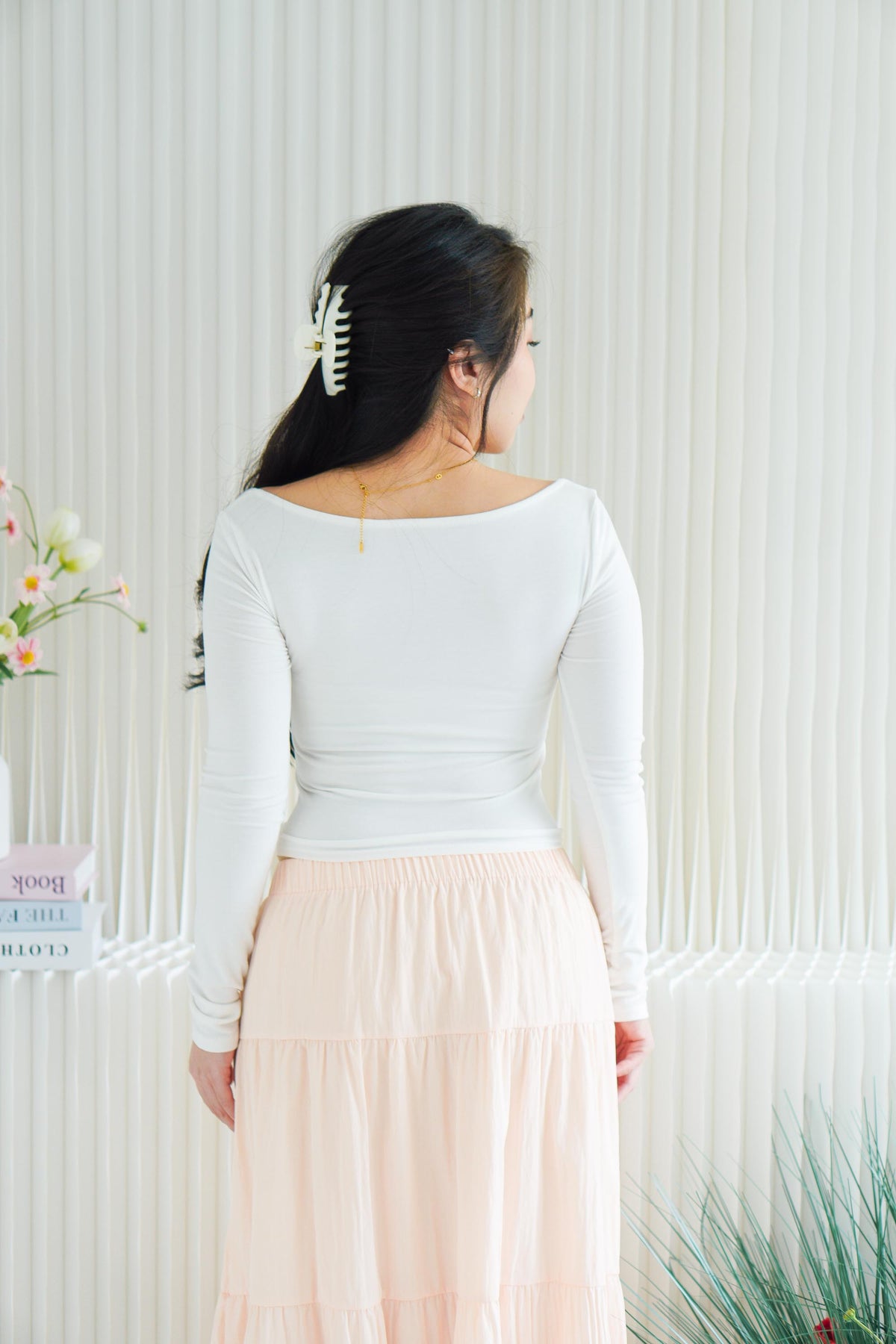 Brinley Padded Ruched Bust Long Sleeve Top in White