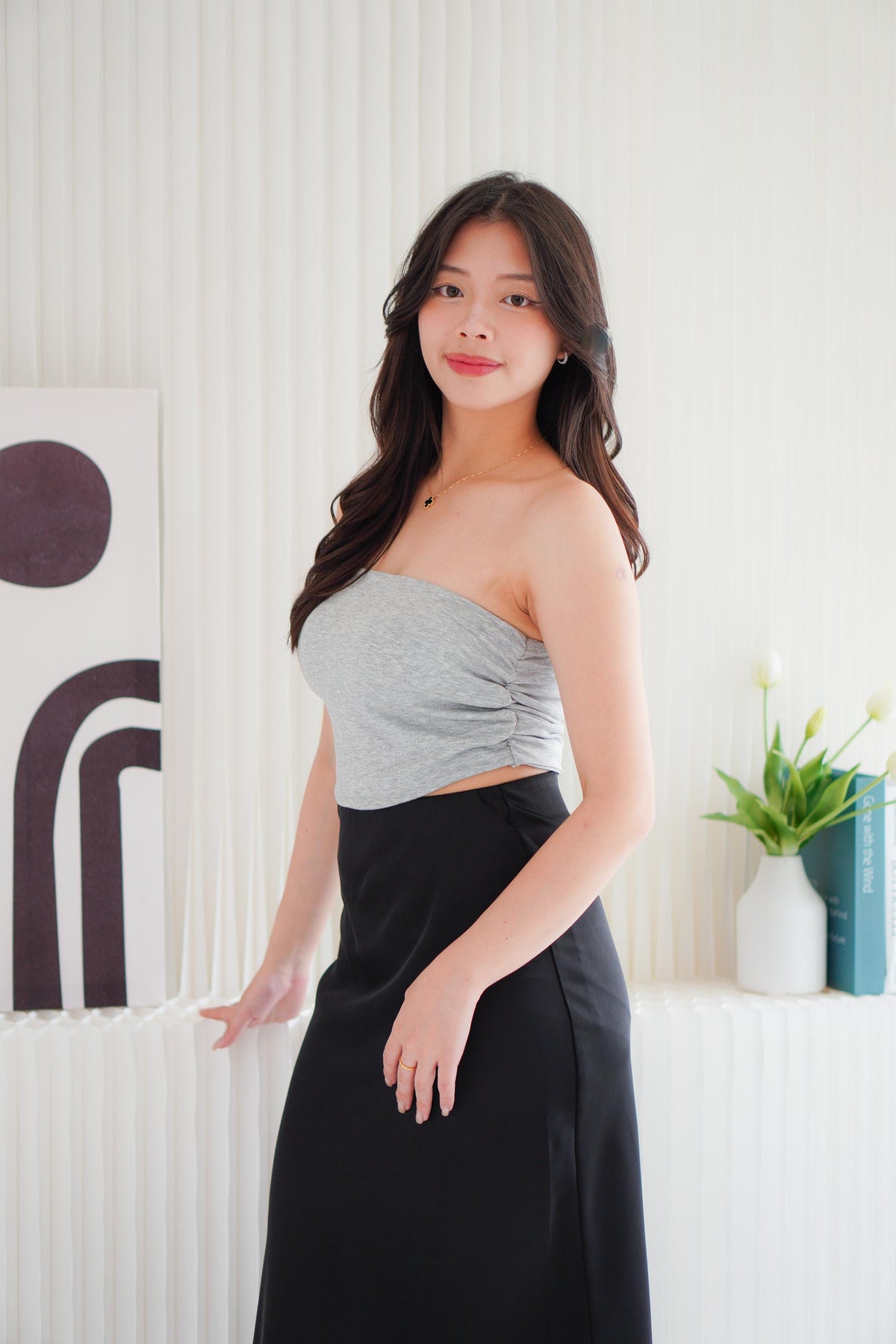 Soyara Padded Ruched Tube Top in Grey