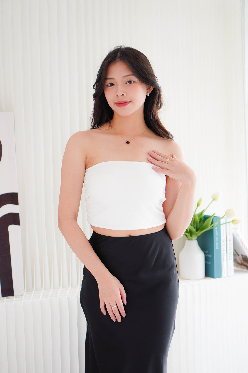 Soyara Padded Ruched Tube Top in White