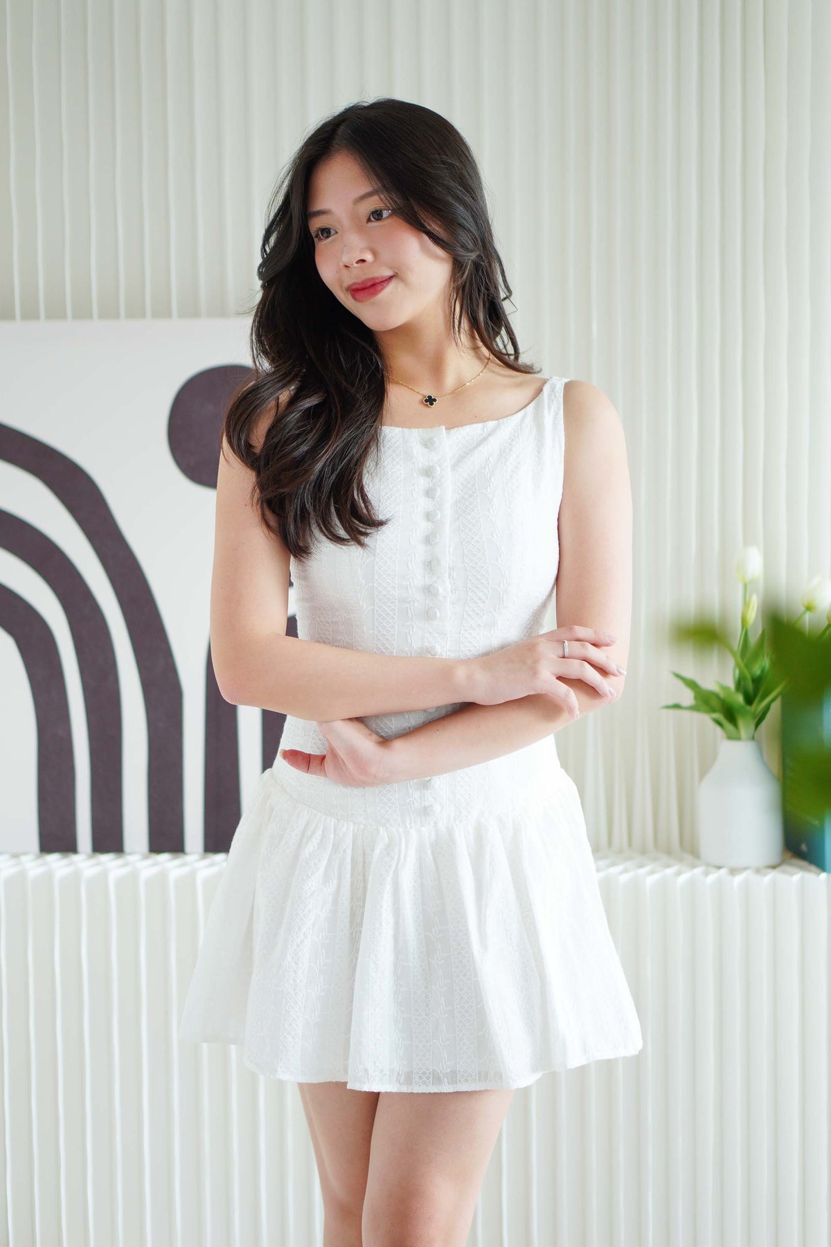 Amara Bleu Drop Waist Button Down Mini Dress in White