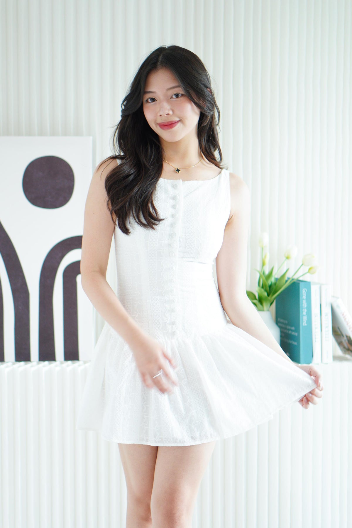 Amara Bleu Drop Waist Button Down Mini Dress in White