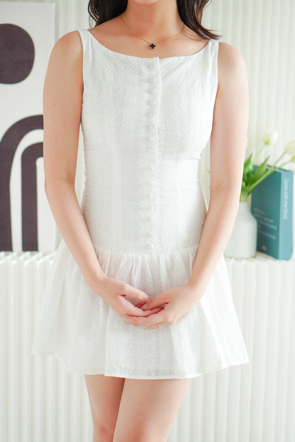 Amara Bleu Drop Waist Button Down Mini Dress in White
