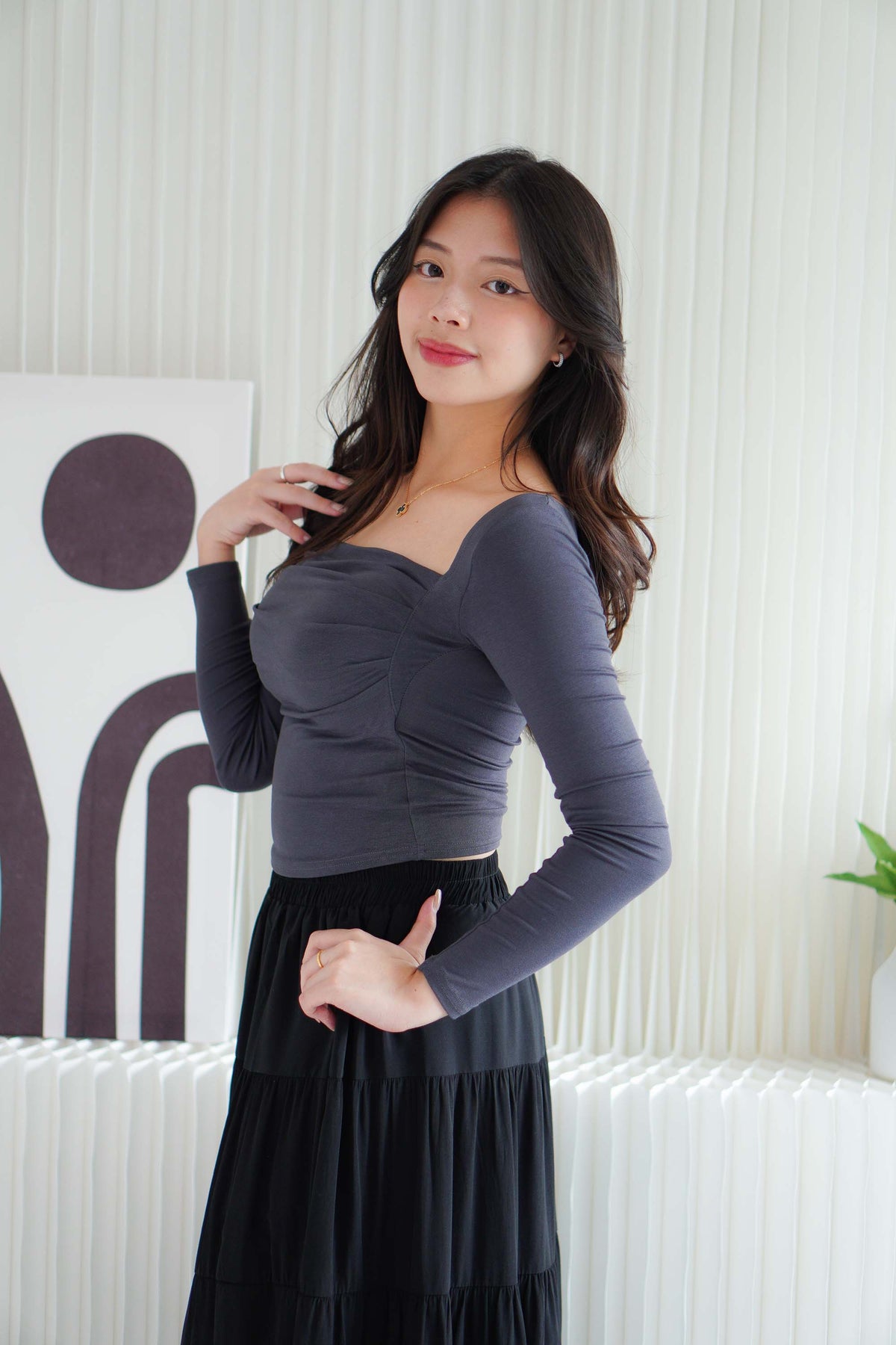 Brinley Padded Ruched Bust Long Sleeve Top in Grey