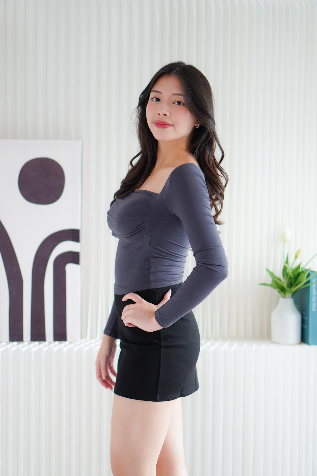 Brinley Padded Ruched Bust Long Sleeve Top in Grey
