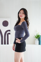 Brinley Padded Ruched Bust Long Sleeve Top in Grey