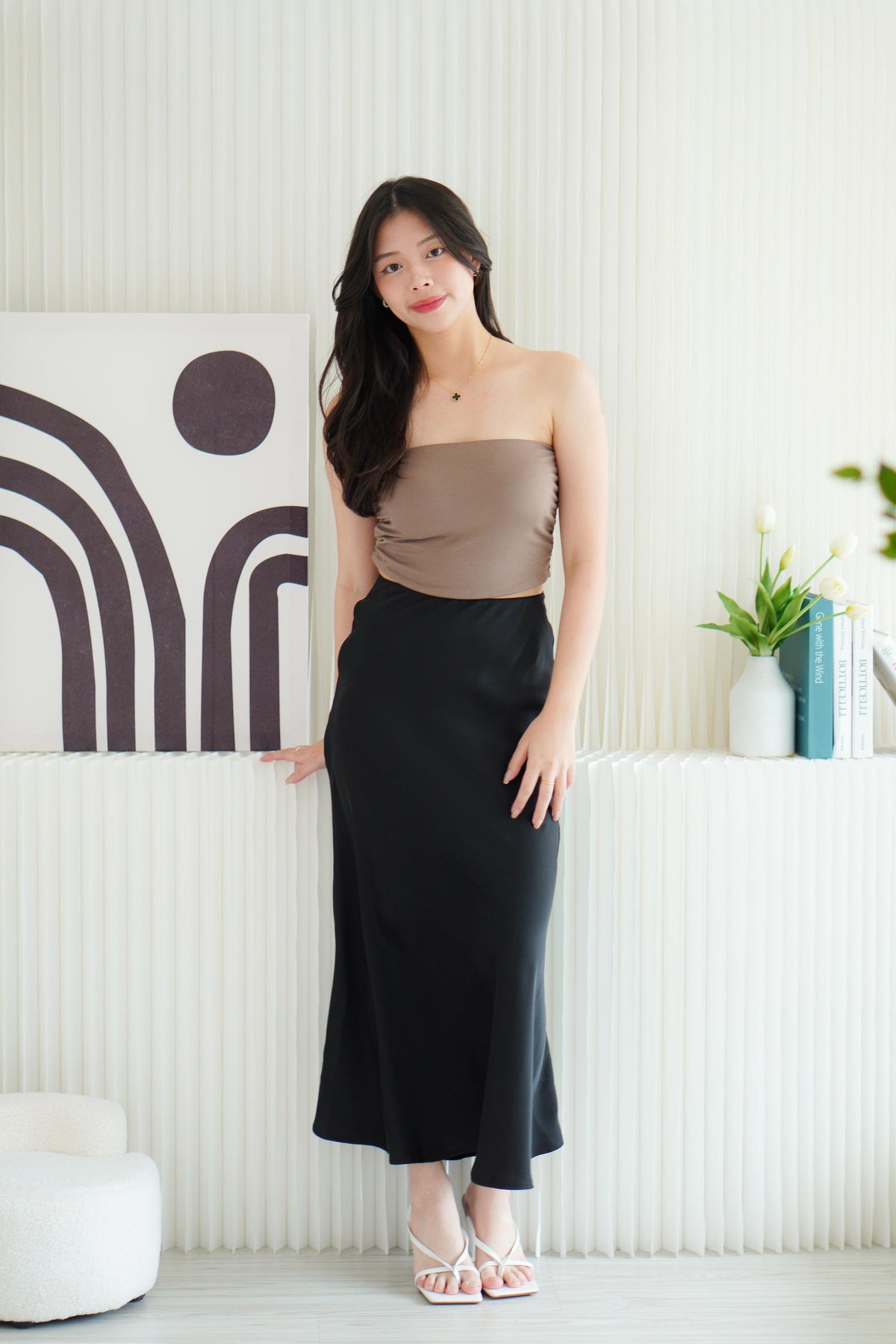 Soyara Padded Ruched Tube Top in Khaki