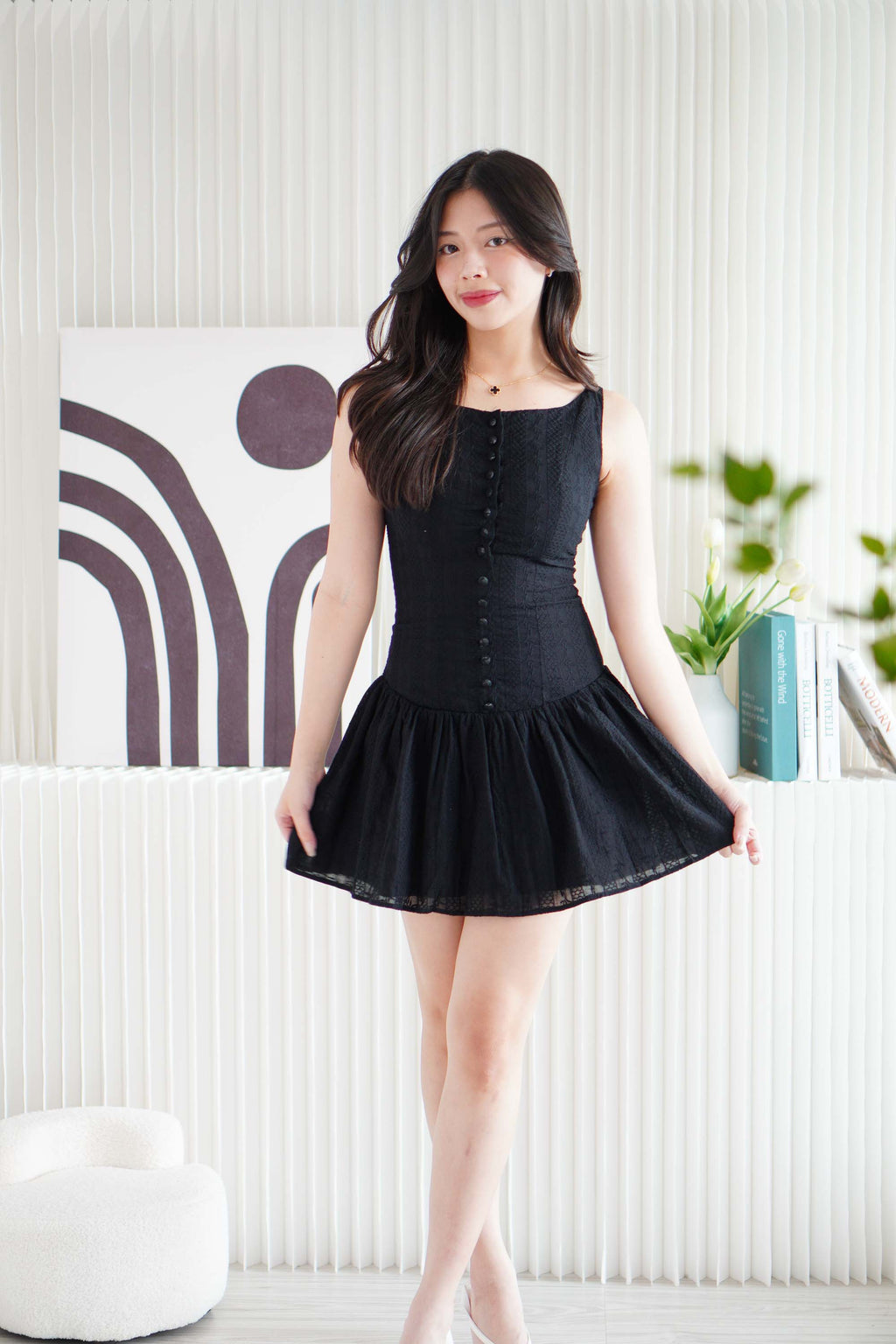 Amara Bleu Drop Waist Button Down Mini Dress in Black