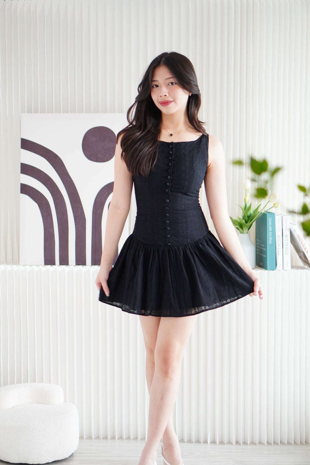 Amara Bleu Drop Waist Button Down Mini Dress in Black