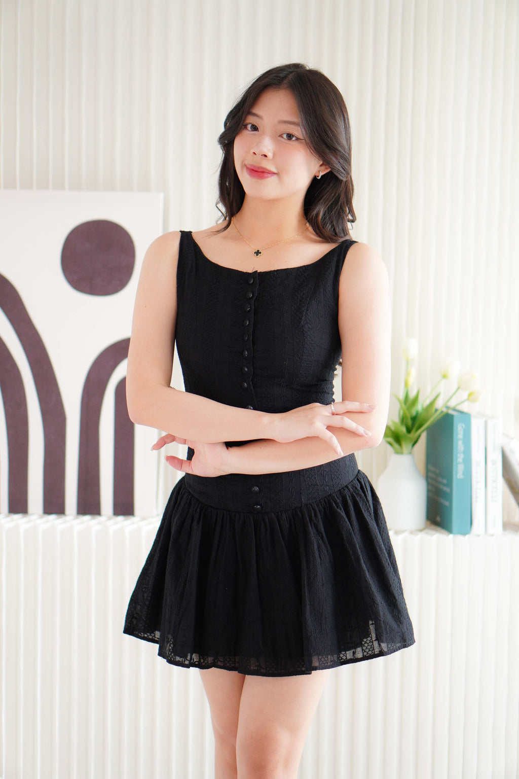 Amara Bleu Drop Waist Button Down Mini Dress in Black