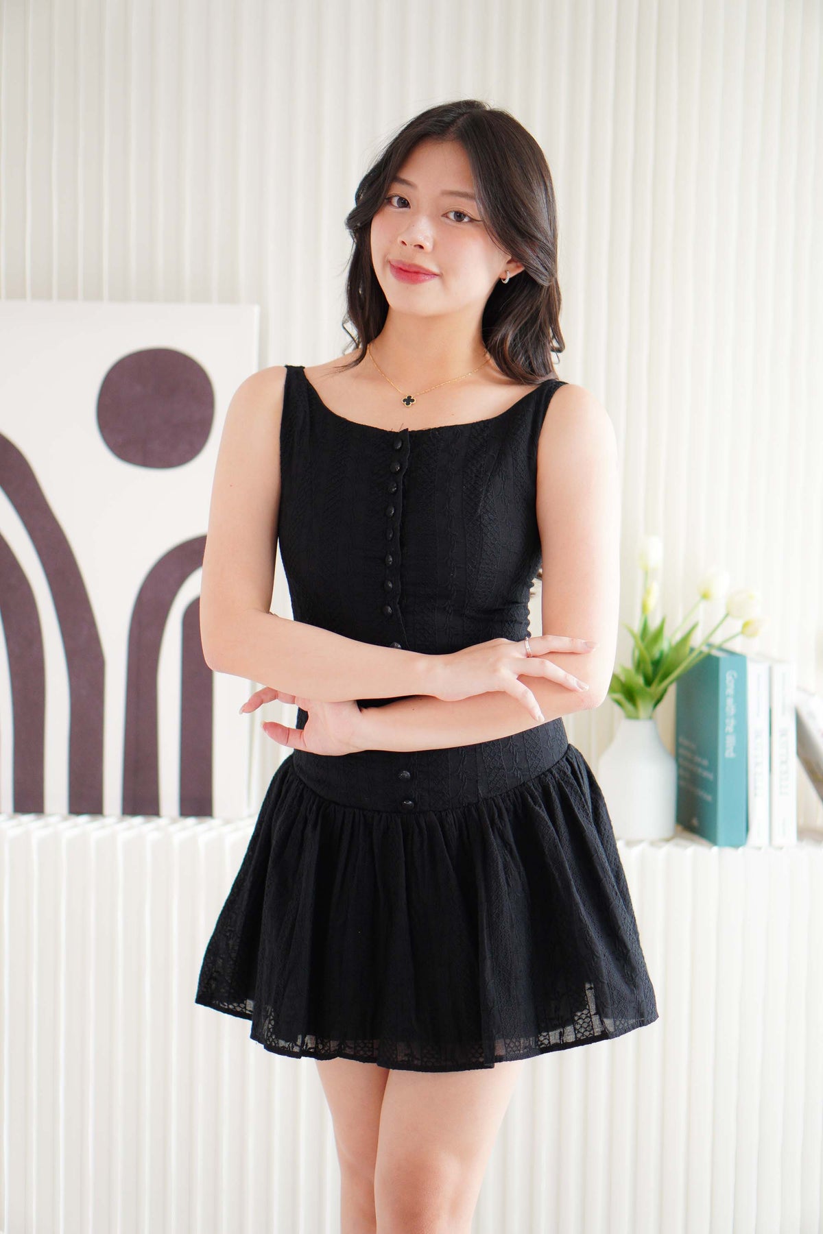 Amara Bleu Drop Waist Button Down Mini Dress in Black