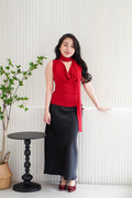 Candace Ruched Cowl Neck Top in Red