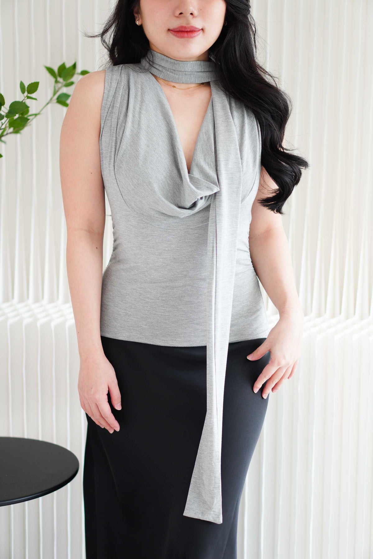 Candace Ruched Cowl Neck Top in Grey