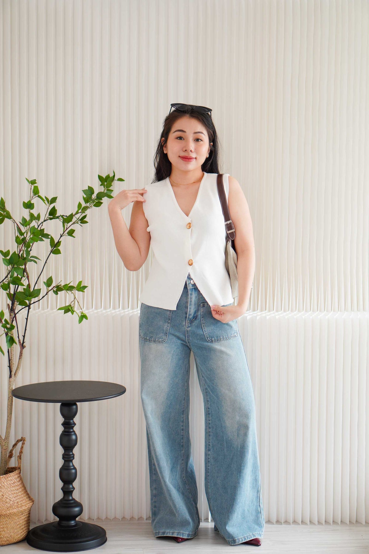 Ellera Button Knit Top in Cream White