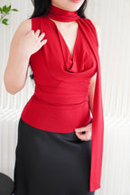 Candace Ruched Cowl Neck Top in Red