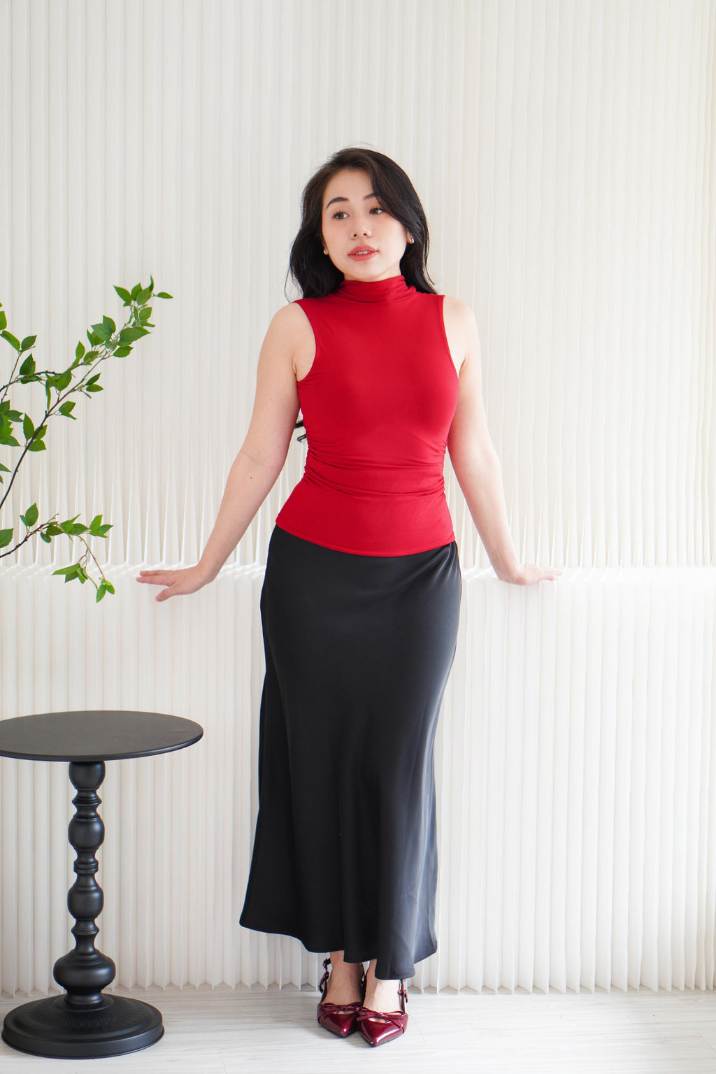 Candace Ruched Cowl Neck Top in Red