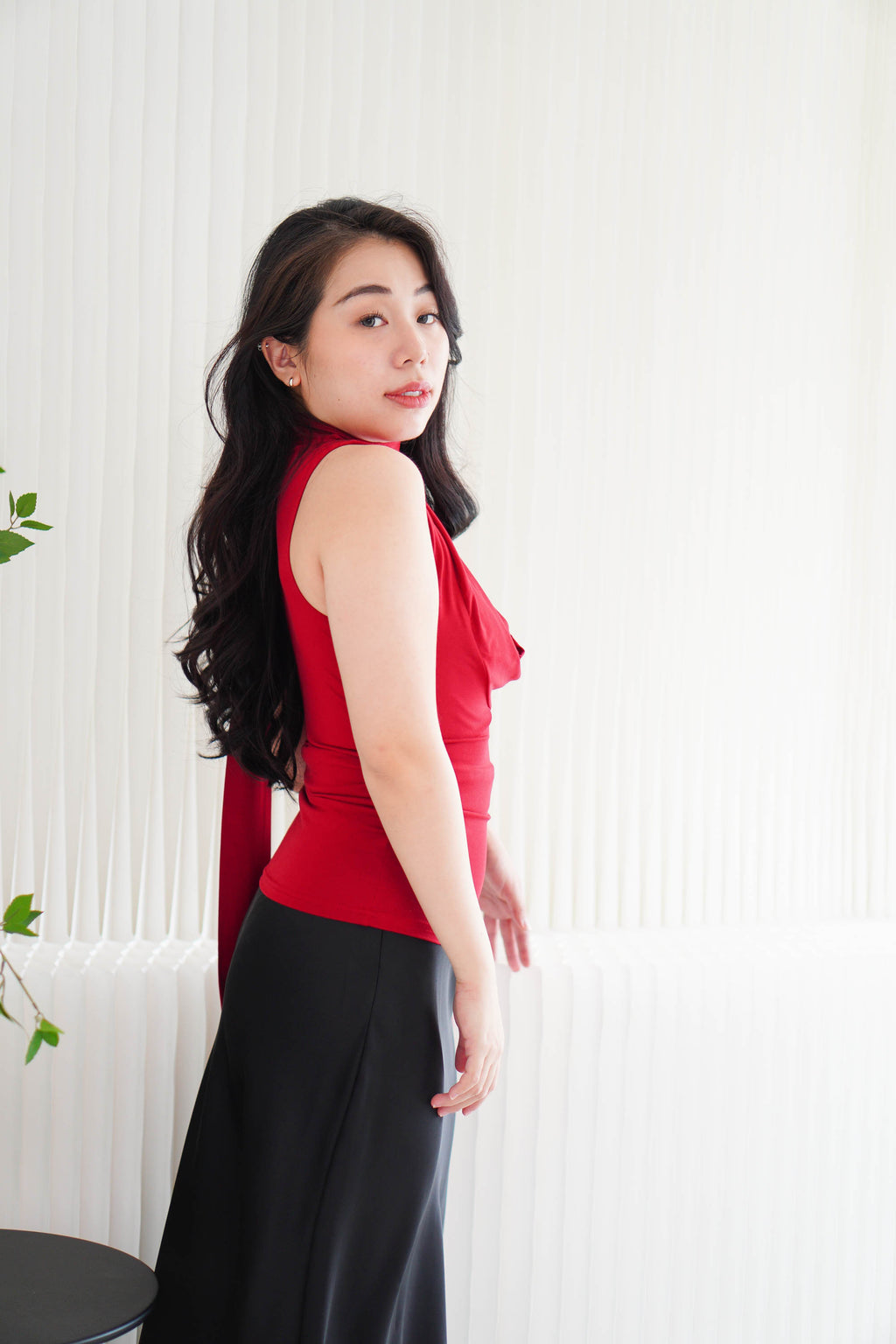 Candace Ruched Cowl Neck Top in Red
