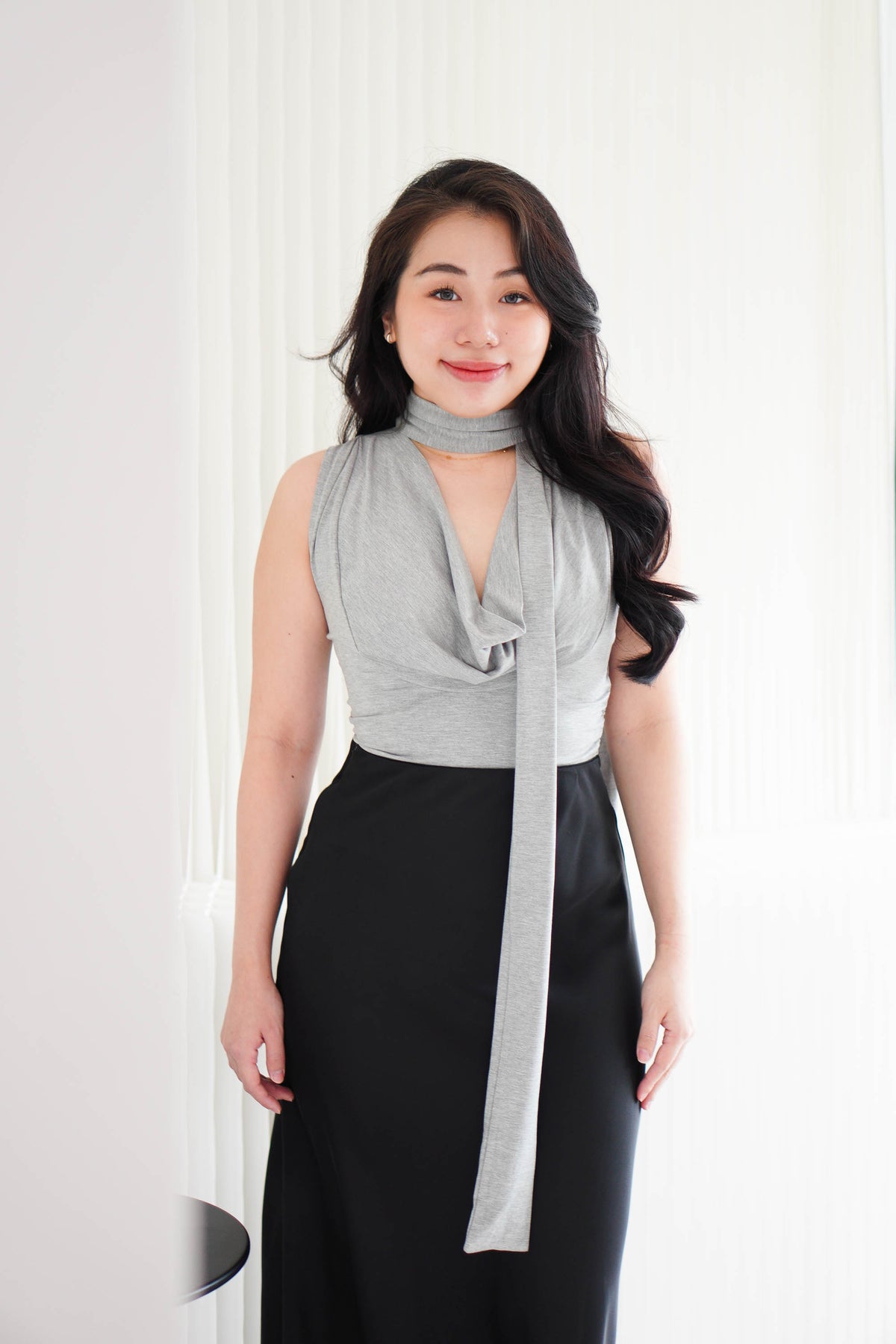 Candace Ruched Cowl Neck Top in Grey