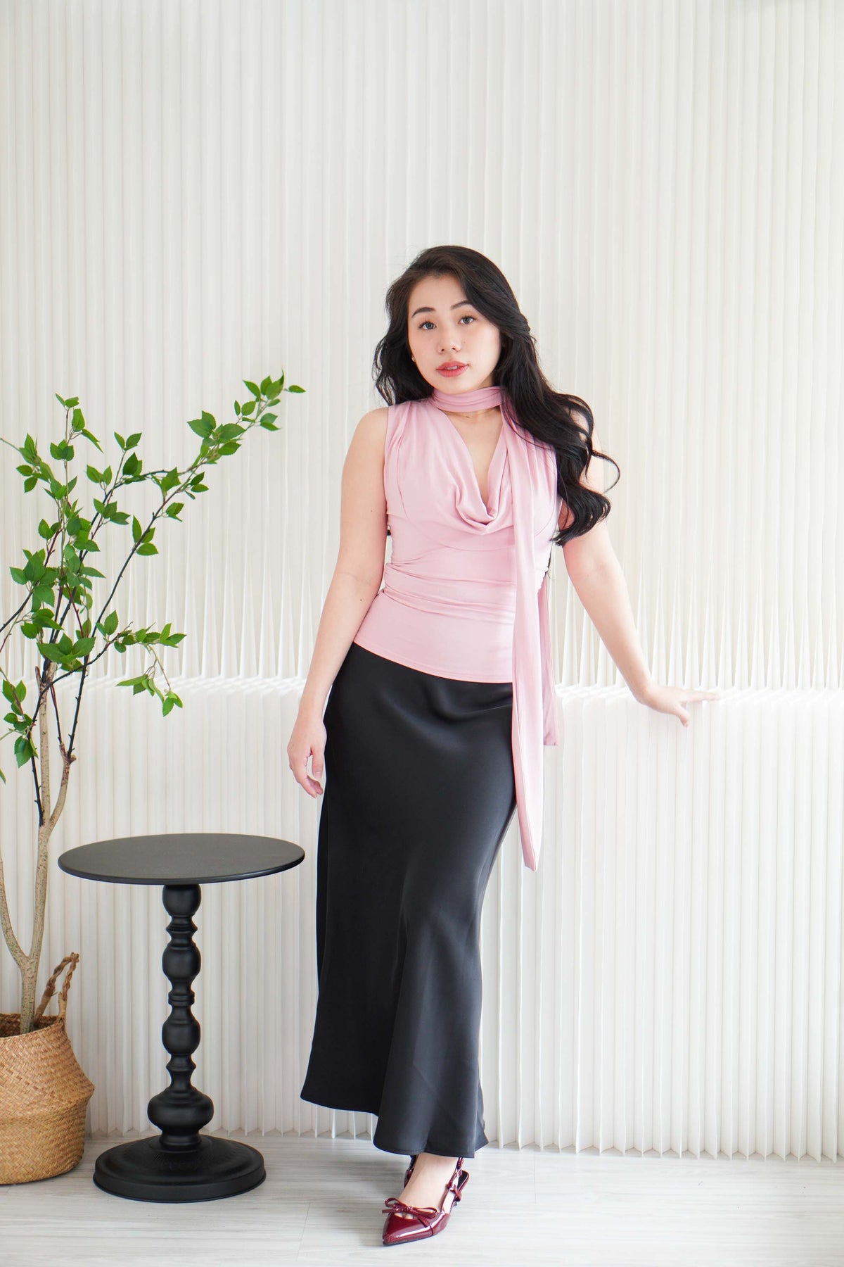 Candace Ruched Cowl Neck Top in Pink