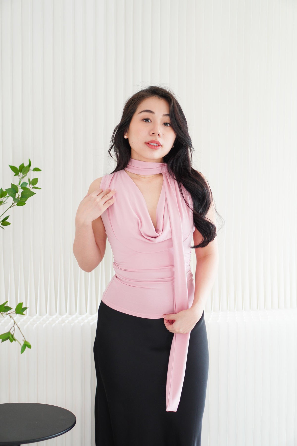 Candace Ruched Cowl Neck Top in Pink