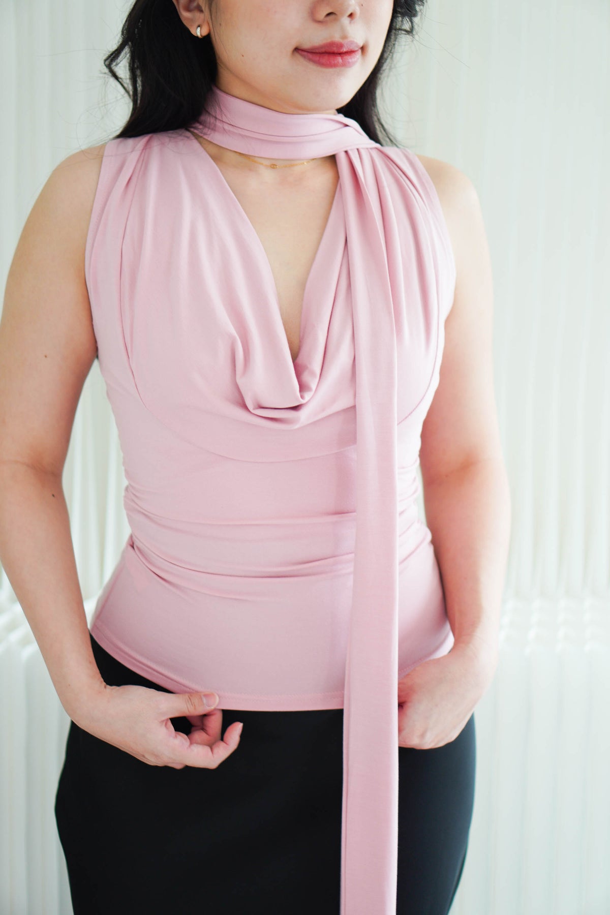 Candace Ruched Cowl Neck Top in Pink